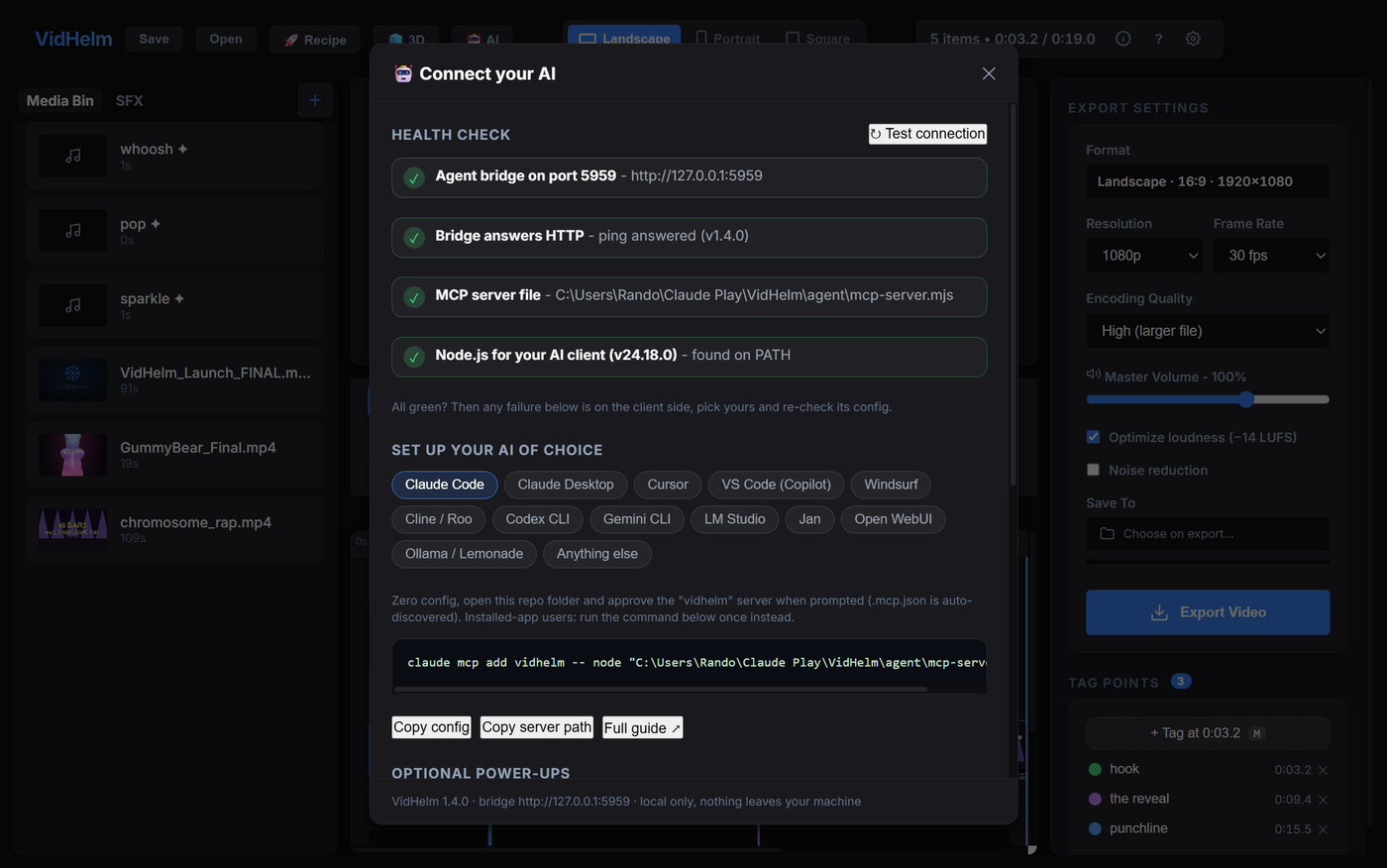 VidHelm Connect your AI panel showing green MCP health checks and per-client setup instructions