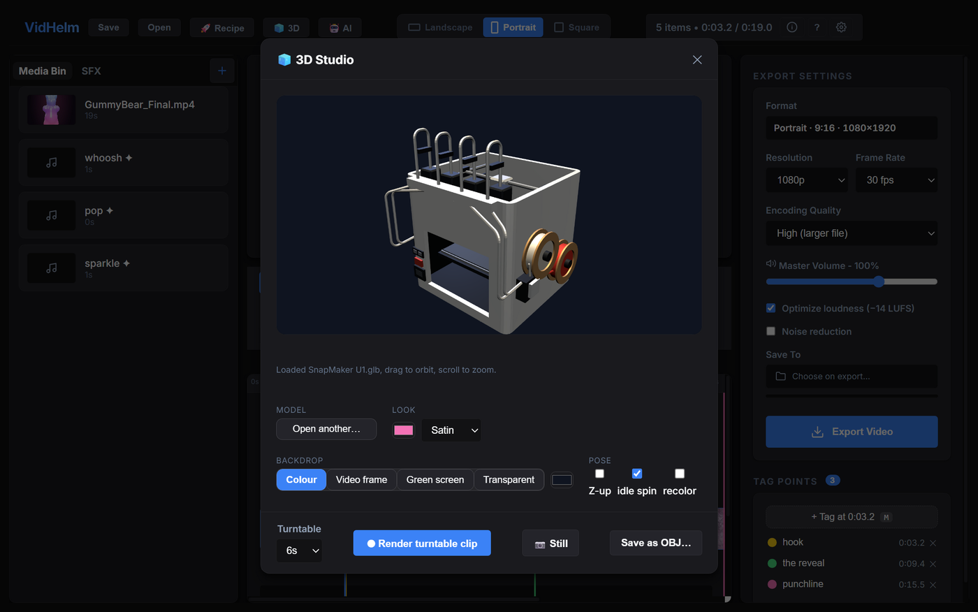 VidHelm 3D Studio panel with a multicolour 3D printer model loaded, colour and finish pickers, backdrop options and turntable render controls
